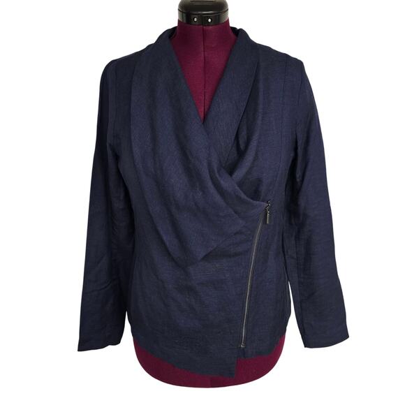 Women's H by Halston Navy Blue Linen Blend Zip Lightweight Jacket Blazer Size 10 - Picture 1 of 10